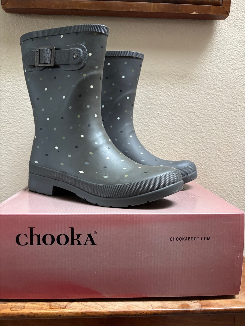 chooka Gray Polka Dot Mid-Calf Rain Boots